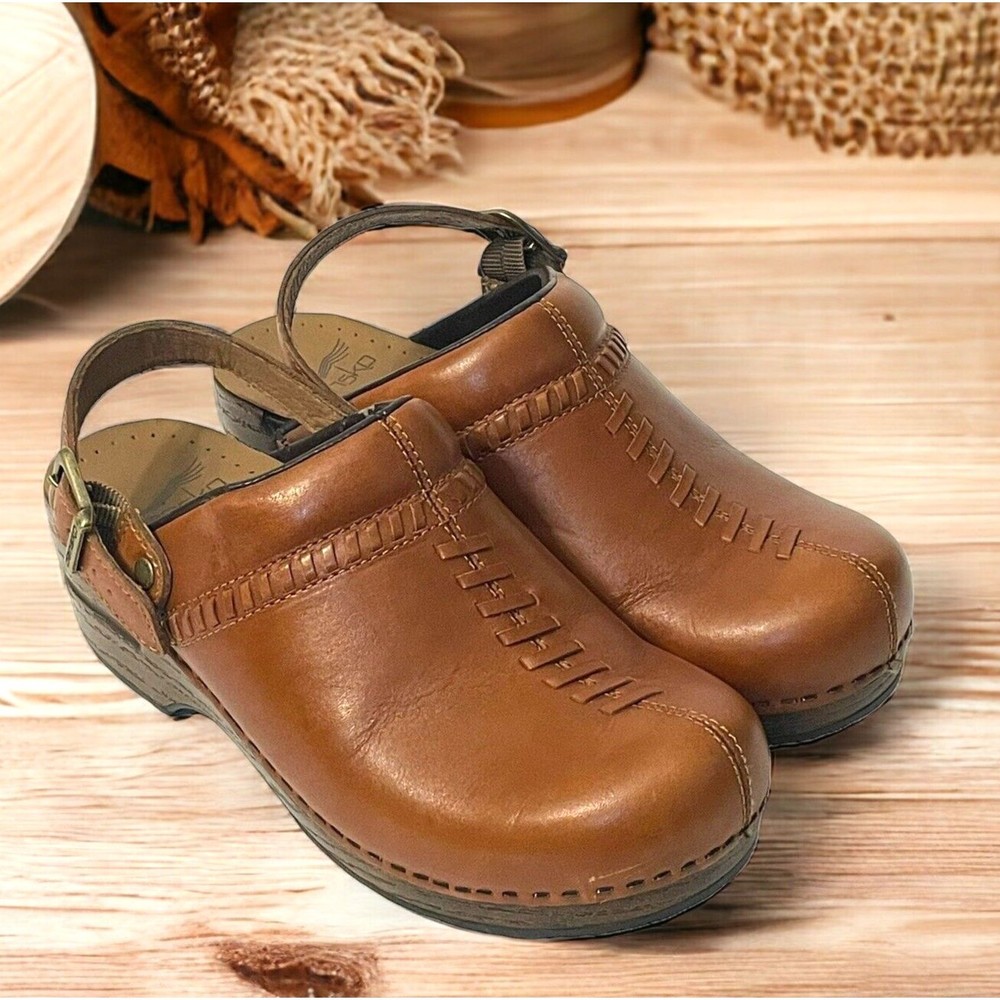 Dansko Brown Leather Braided Women's Clogs Comfort Backless Heel Strap 37 6.5